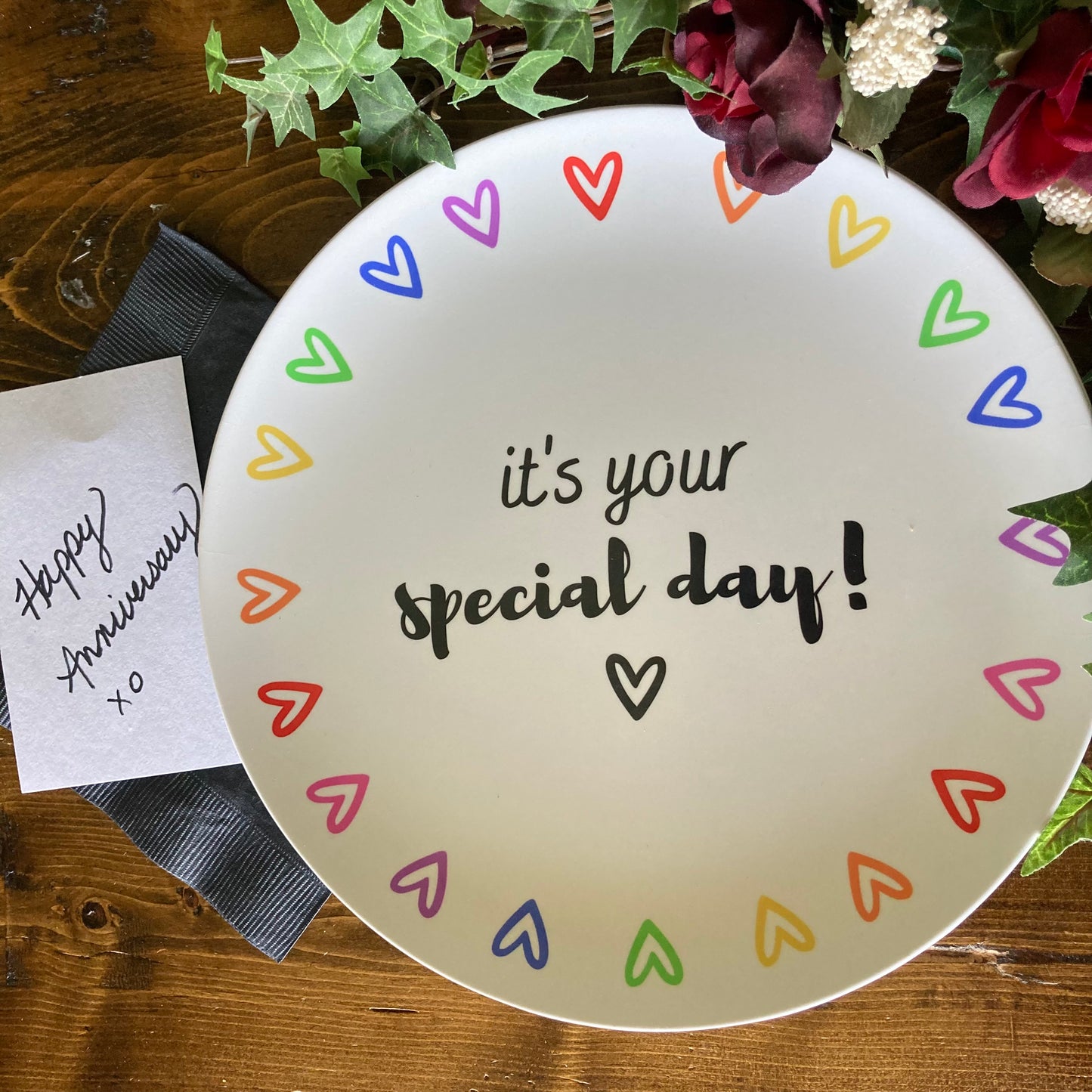 its your special day plate with ranbow hearts